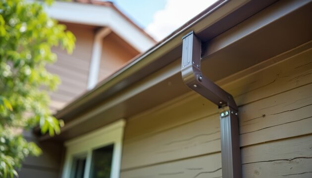 Brown seamless gutters and downspouts on beige house exterior. Water drainage system for roof. Home improvement for rain protection. Exterior wall detail. Residential building.