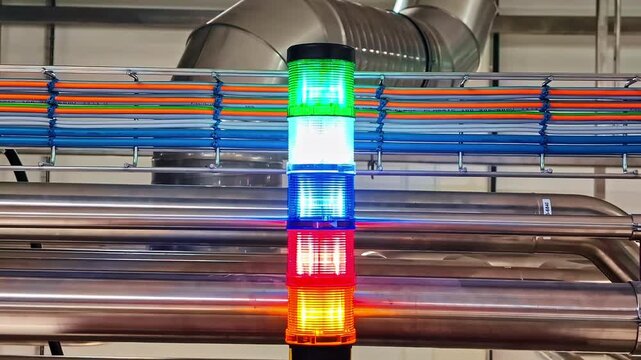 An industrial stack light blinking in a factory or processing plant