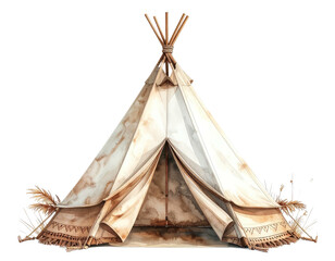 Watercolor illustration of a teepee, neutral tones, and decorative grasses