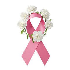 Pink Breast Cancer Awareness Ribbon with White Floral Wreath, Cut-out Style
