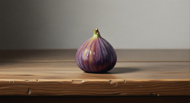 Realistic illustration of a single fig placed on a wooden table.