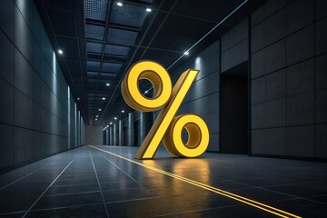 Gigantic three dimensional glowing golden percentage symbol resting dramatically upon a dark futuristic floor inside an industrial modern corridor signaling finance concepts and economic growth