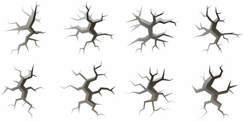 A collection of grey cracked ground textures arranged on a white background