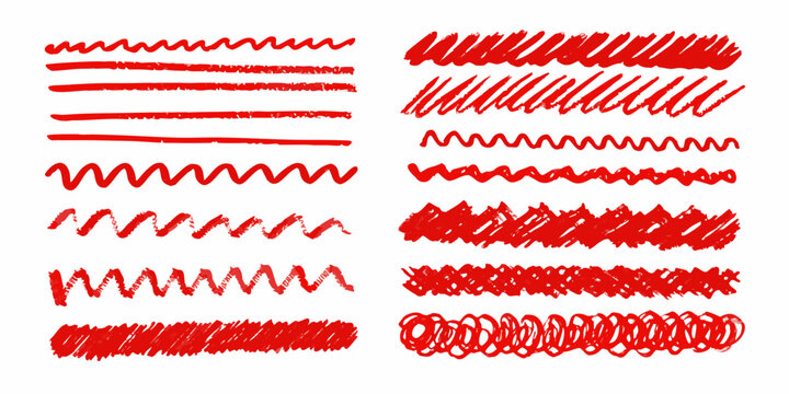 Red scribble lines and strokes collection diverse textures and hand drawn styles