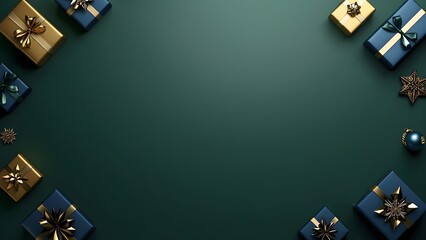 Minimal Christmas Banner with Copy Space, Elegant Gift Boxes, and Holiday Decorations on Dark Background