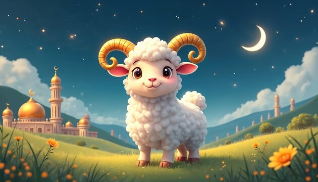 Cute cartoon sheep stands in grassy field near mosque under crescent moon and stars. Yellow flowers bloom in meadow. Peaceful religious celebration setting.