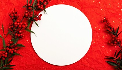 A white circular plate surrounded by red berries and green leaves on a textured red background viewed from above