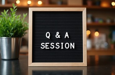 A letter board shows Q and A SESSION text. A green plant sits on a desk in a softly lit room. This graphic represents inquiry learning and communication.