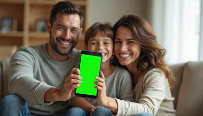 Happy family takes selfie with smartphone showing green screen. Parents and son smile at camera holding phone, sitting on couch at home. Captures family time, tech use, and connection.