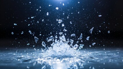 High resolution close up of water splash droplets hitting the surface creating a dynamic splash effect in a dark background perfect for advertising or scientific content