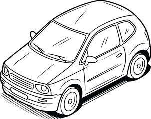 A detailed line drawing of a small compact car from a high angle view