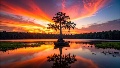 Serene lake landscape with vibrant sunset reflections on calm waters