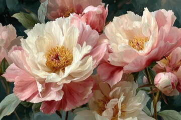 Large, elegant peonies in soft, pastel colors, with delicate pink and cream petals paired with loose, freehand brushstrokes and ample negative space, embody a gentle and light botanical art style.