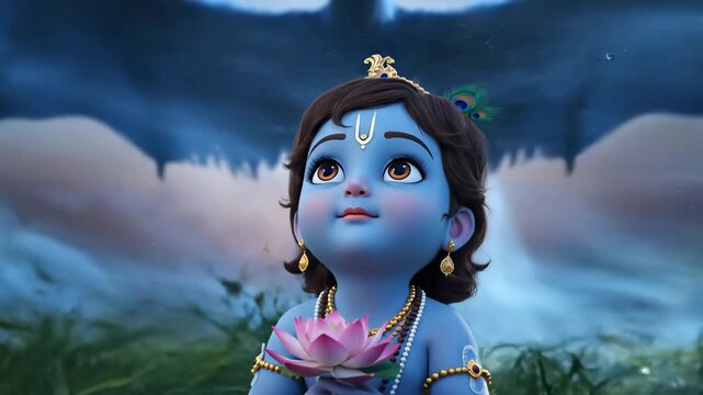 4K Video: Little Krishna holding lotus with giant bird looming behind
