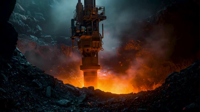 Industrial drilling tower rising from a fiery excavation pit surrounded by smoke and molten rock