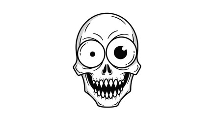 Fototapeta premium A funny and creepy black and white cartoon illustration of a skull with huge googly eyes and sharp teeth.