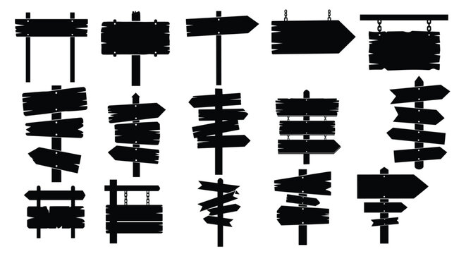 Large collection of black silhouette vector icons featuring various old wooden signs signposts and direction arrows.
