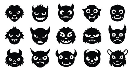 Fototapeta premium Collection of fifteen spooky monster and demon faces in black silhouette style with various expressions horns and fangs.