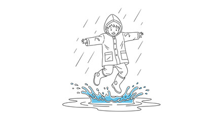 Line art drawing of a happy child wearing a raincoat and boots joyfully jumping and splashing in a puddle of water.
