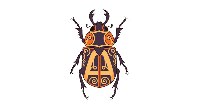 Beautifully decorated illustration of a large beetle with ornate orange and purple patterns and a letter A on its shell.