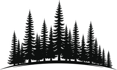 Silhouette, forest, pine trees, coniferous woodland, nature, hill, slope, evergreen, black and white, landscape, wilderness, symmetry, artistic, illustration, stylized, dense forest © Khairun