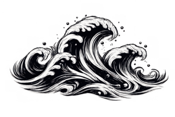 Ocean waves with sea foam splashing, japanese style illustration in black and white, power of nature concept