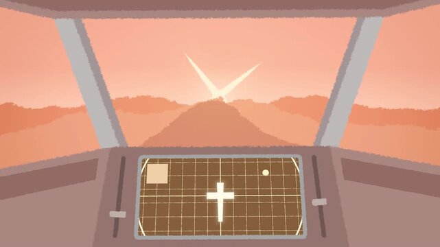 Anime Style Pilot View of an Airplane Soaring Over Red Wave Clouds Toward a Glowing Star Animation Loop