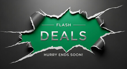 Torn black paper reveals a green background with silver text, "Flash Deals", and the message "Hurry Ends Soon", representing a limited time sale