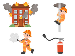 Illustration of a set of fire extinguishers and tools