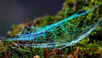 A spiderweb glistens with dew on a mossy terrain viewed from a close-up perspective