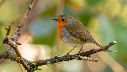 Fototapeta premium European Robin on Branch with Soft Background for Wildlife Photography and Nature Observation Visual Concepts