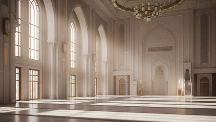 Fototapeta premium Grand Islamic Hall Interior with Arched Windows and Intricate Ornamentation