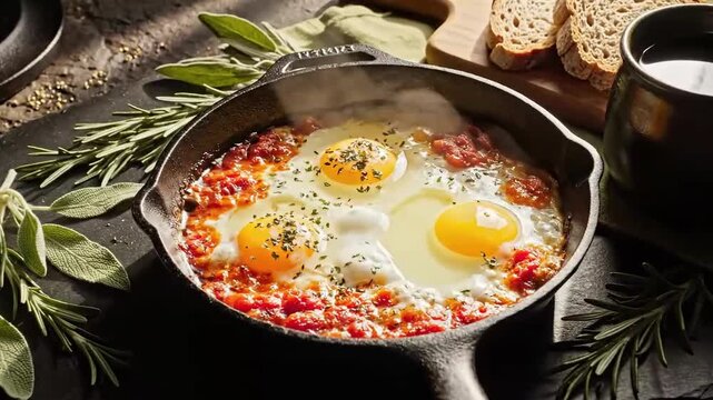 Delicious Shakshuka Recipe Preparation In A Cast Iron Pan With Fresh Herbs And Bread