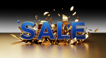 Close-up of blue "SALE" lettering with golden frame and golden shattering surface, representing a promotion or special offer with impactful design