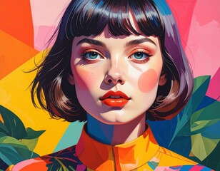 Vibrant Portrait of a Young Woman with Bobbed Hair and Bright Lipstick.