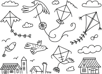 A playful doodle of kites birds clouds and houses in a whimsical style