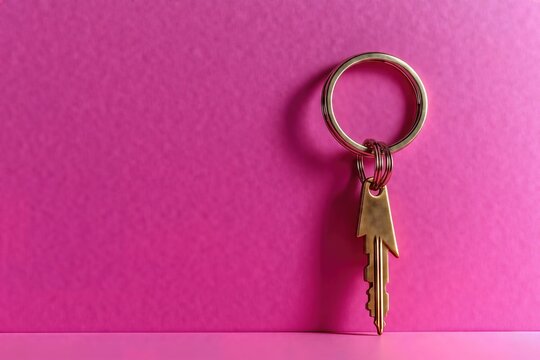 Set of keys hanging on pink background.