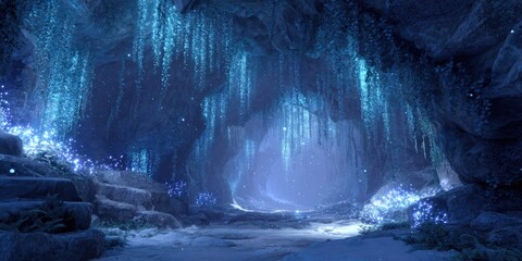 Enchanting blue cave with glowing flora at dusk