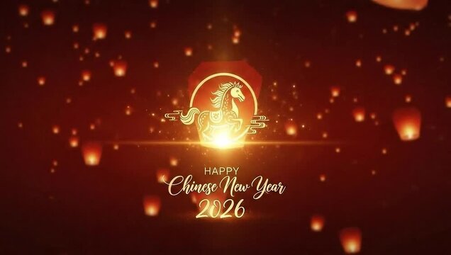 Happy chinese new year 2026 celebration with glowing sky lanterns and horse zodiac