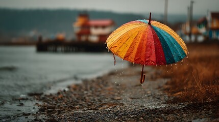 A vibrant multicolored umbrella with water droplets floats delicately above the rocky shore on an overcast day near a calm body of water and distant buildings.
