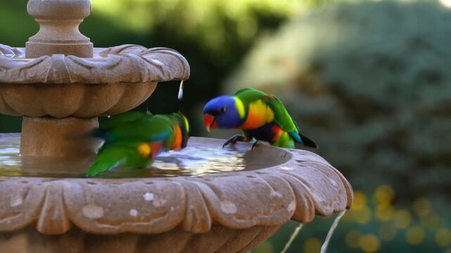Two colorful parrots enjoying themselves at a stone fountain in nature's backyard. The parrots show vivid hues, adding vibrance to the natural setting. Stock Video