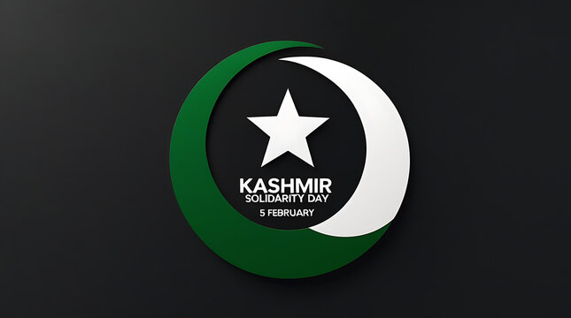 3d a circular badge with a white star on a black/green background, reading &ldquo;Kashmir Day February 5&rdquo; in bold text