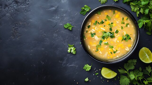 Chicken tortilla soup presented on a dark slate background