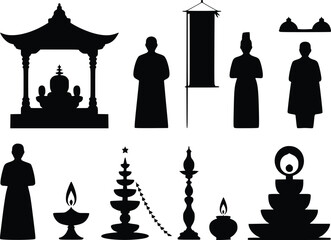 Black silhouettes of traditional asian architecture figures and religious objects