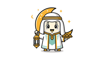 Fototapeta premium Ramadan kareem cartoon character with lantern and dates