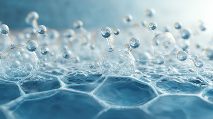 macro shot of transparent molecular structures, futuristic biotechnology aesthetic, water molecule science background, hydration molecular structure concept, blue liquid molecular abstract
