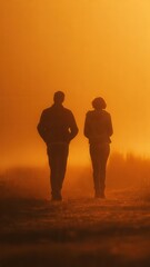 Silhouette Of Couple Walking Together At Sunset