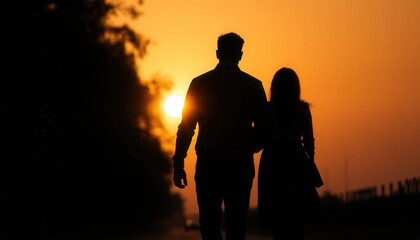 Silhouette Of Couple Walking Together At Sunset