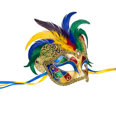 Ornate Venetian Carnival Mask with Vibrant Feathers, Cut-out Asset