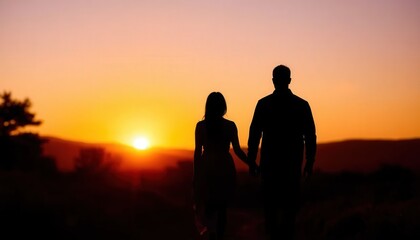 Silhouette Of Couple Walking Together At Sunset
